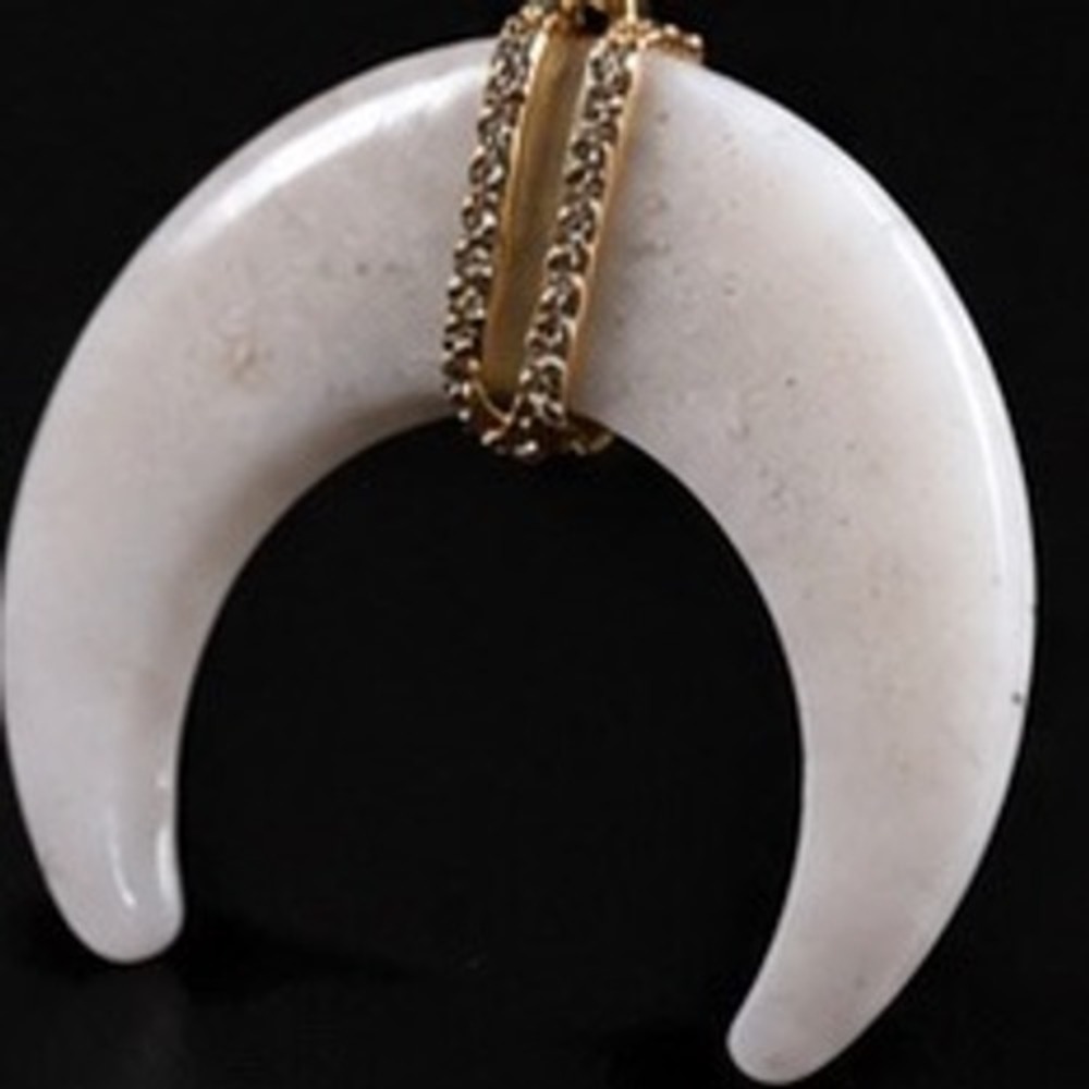 Crescent Moon Horn Necklace Pearl Dalmatian Jasper Gold Tone Celestial Boho - Picture 5 of 8